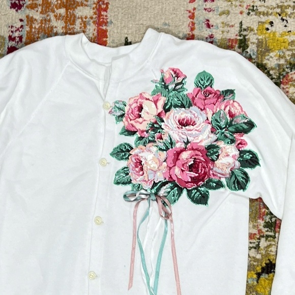 Vintage 1980s Floral Flower Button Up Grandma Ugly Sweater Sweatshirt - Picture 2 of 6